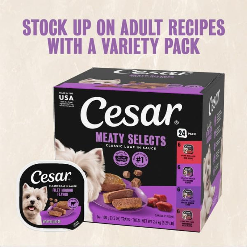 Classic Loaf in Sauce Wet Dog Food, Meaty Selects, 3.5 Oz, 24 Count | Made in USA, Real Beef or Chicken #1 Ingredient, No Fillers or Artificial Flavors, Slow-Cooked, Easy Peel Trays