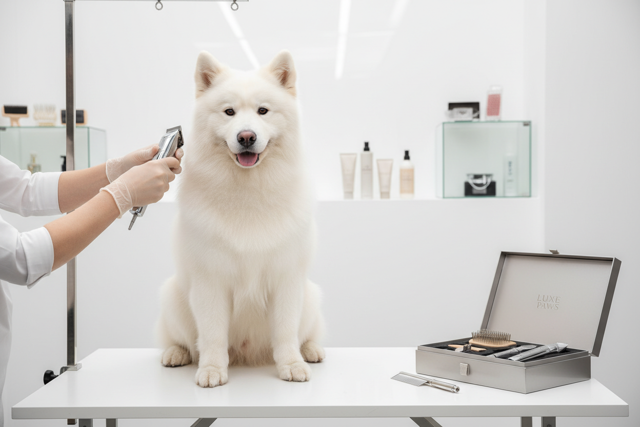 Fluffy dog being groomed calmly with an electric grooming kit in a clean studio setting