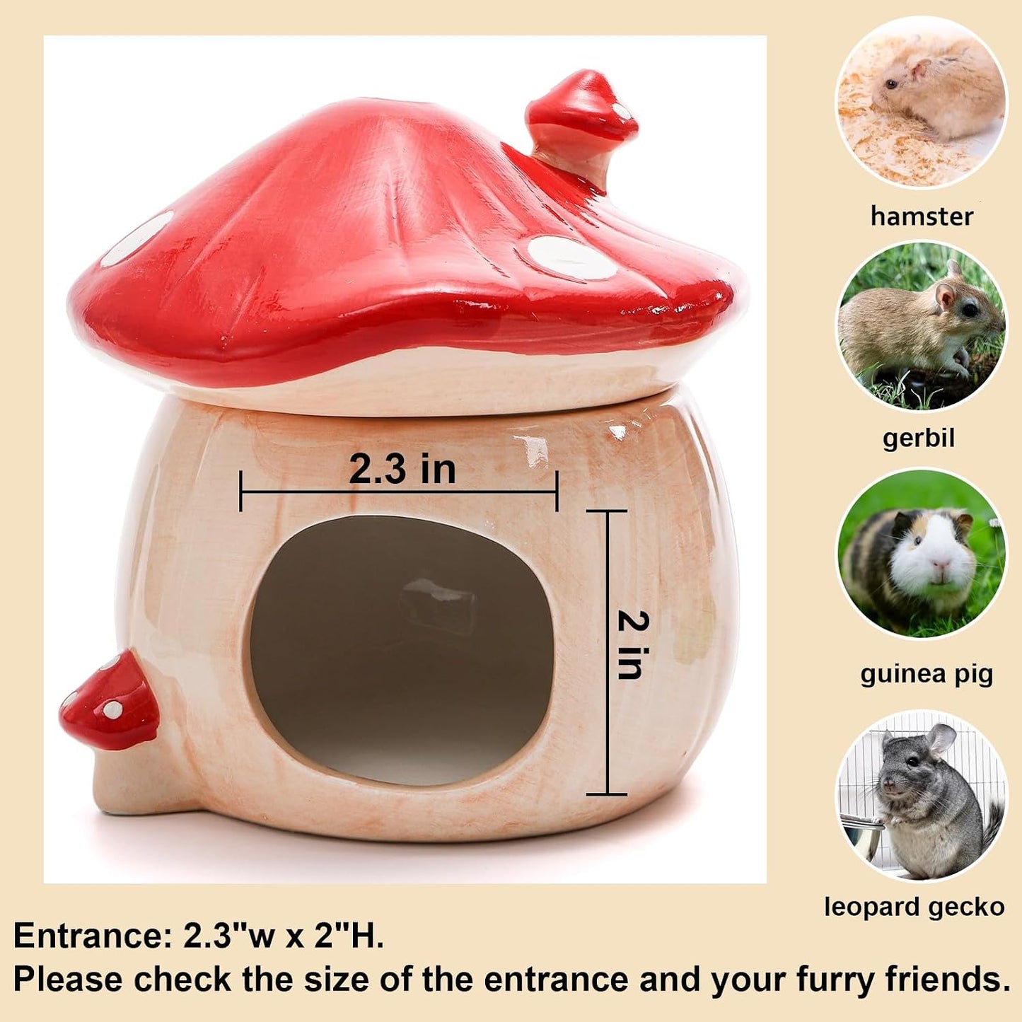 3 Pack Ceramic Hamster Hideout, Mushroom Shape Guinea Pig Food Bowl Cute Water Bottle with Stand, Cool Hamster Bed House Small Animal Cage Accessories for Dwarf Hamsters, Mice, Gerbils