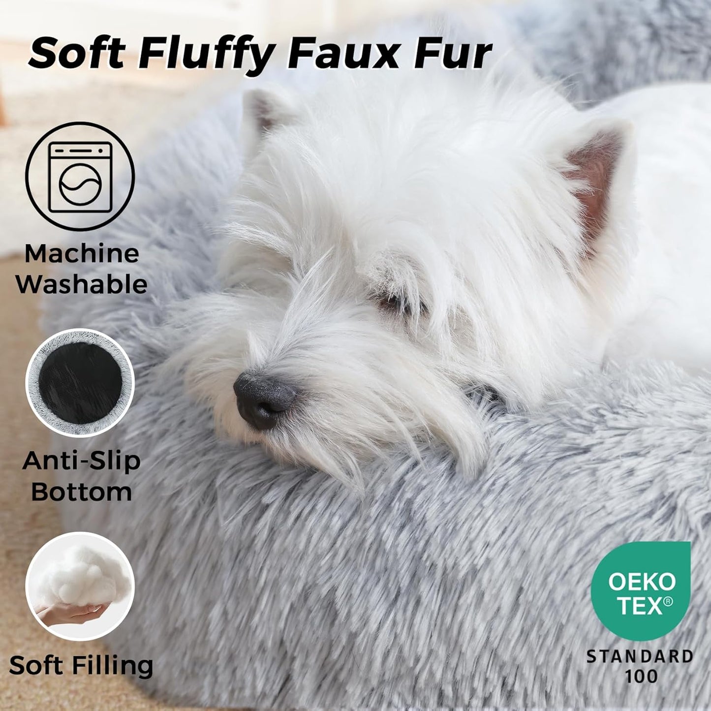 Calming round Dog Bed & Cat Bed for Indoor Cats, Medium Size Washable Anti-Slip Anti-Anxiety Donut Dog Beds for Small Dogs & Cats, Fluffy Plush Soft Dog Bed(20 Inch, Light Grey)