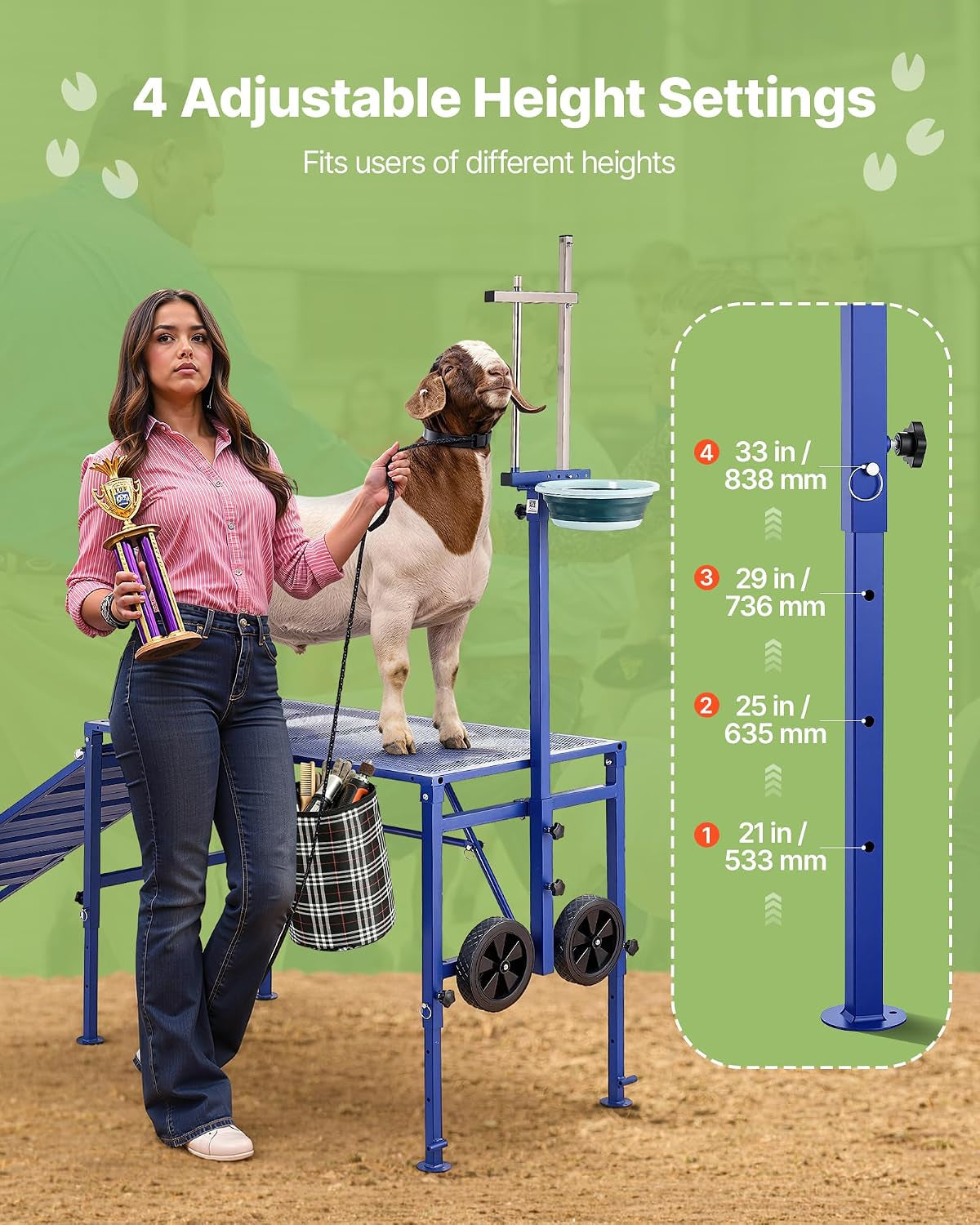 Goat Milking Stand, 600 Lbs Heavy Duty Foldable Goat Stand with Ramp, Feed Bin & Wheels, Adjustable Headpiece & Basket, Stanchion for Grooming & Hoof Trimming, Metal Livestock Platform for Sheep