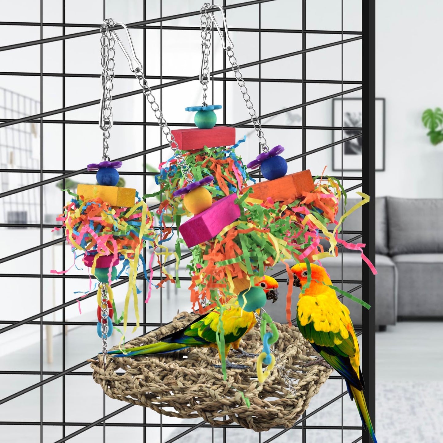Bird Toys, Grass Swing Hammock Climbing Toy for Parrot Parakeet | Natural Grass with Colorful Chew Toys, Climbing and Resting Toys for Small and Medium Pet Birds