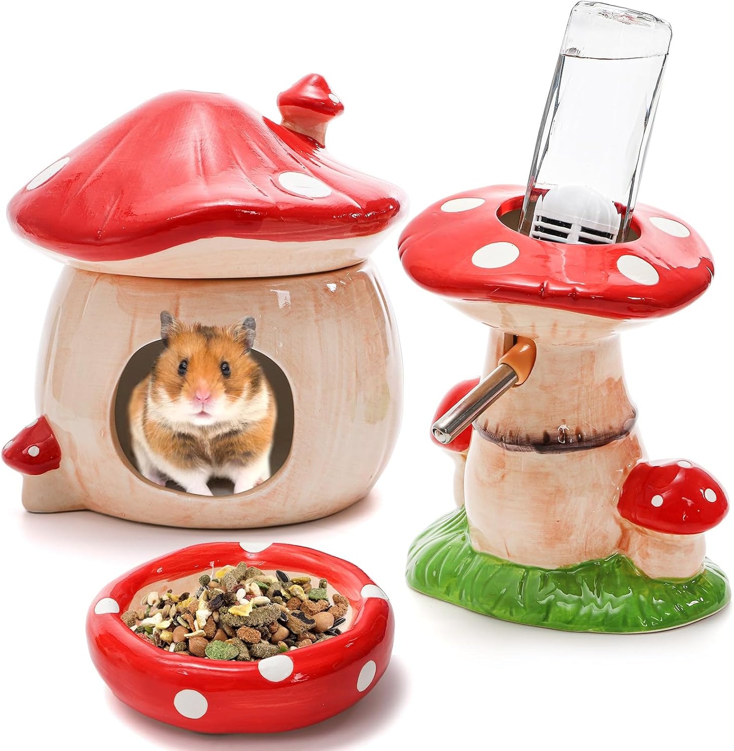 3 Pack Ceramic Hamster Hideout, Mushroom Shape Guinea Pig Food Bowl Cute Water Bottle with Stand, Cool Hamster Bed House Small Animal Cage Accessories for Dwarf Hamsters, Mice, Gerbils