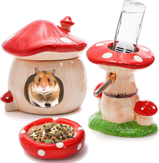 3 Pack Ceramic Hamster Hideout, Mushroom Shape Guinea Pig Food Bowl Cute Water Bottle with Stand, Cool Hamster Bed House Small Animal Cage Accessories for Dwarf Hamsters, Mice, Gerbils