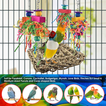 Bird Toys, Grass Swing Hammock Climbing Toy for Parrot Parakeet | Natural Grass with Colorful Chew Toys, Climbing and Resting Toys for Small and Medium Pet Birds