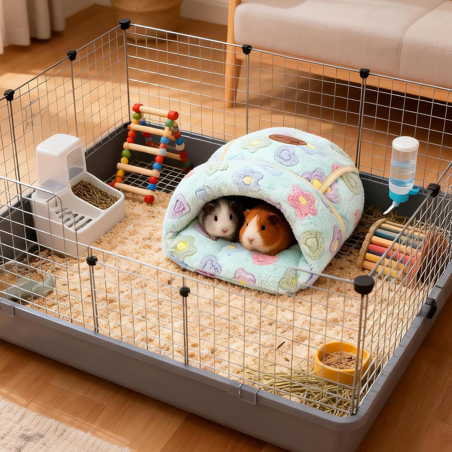 Guinea Pig Bed, Warm Fleece Cuddle Cave, Green Flower | Cozy Guinea Pig House, Portable Guinea Pig Hideout, Soft Coral Fleece, Washable Cushion, Slipper Shape