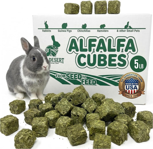 Alfalfa Cubes for Young Rabbits and Guinea Pigs, 5 Lb Box | Protein Rich Soft Leaf Nutrition, Ideal for Growing Kits and Nursing Mothers, Fun Chewable Shape Hand Packed Fresh in the USA
