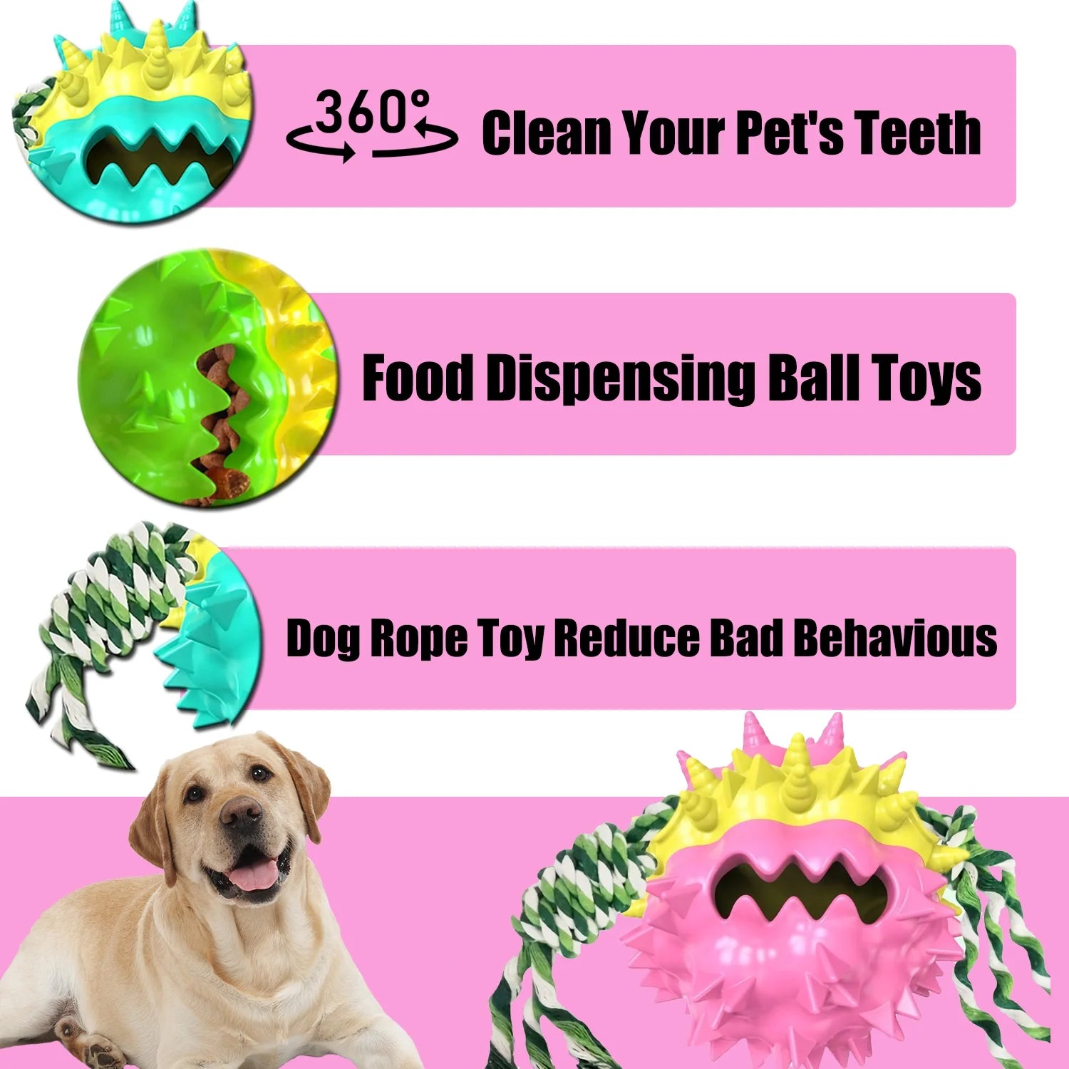 Dog Chew Toys Ball for Aggressive Chewers,  Indestructible Squeaker Dog Toy Puppy Chew Teething Toys for Large Medium Small Dogs,Pink