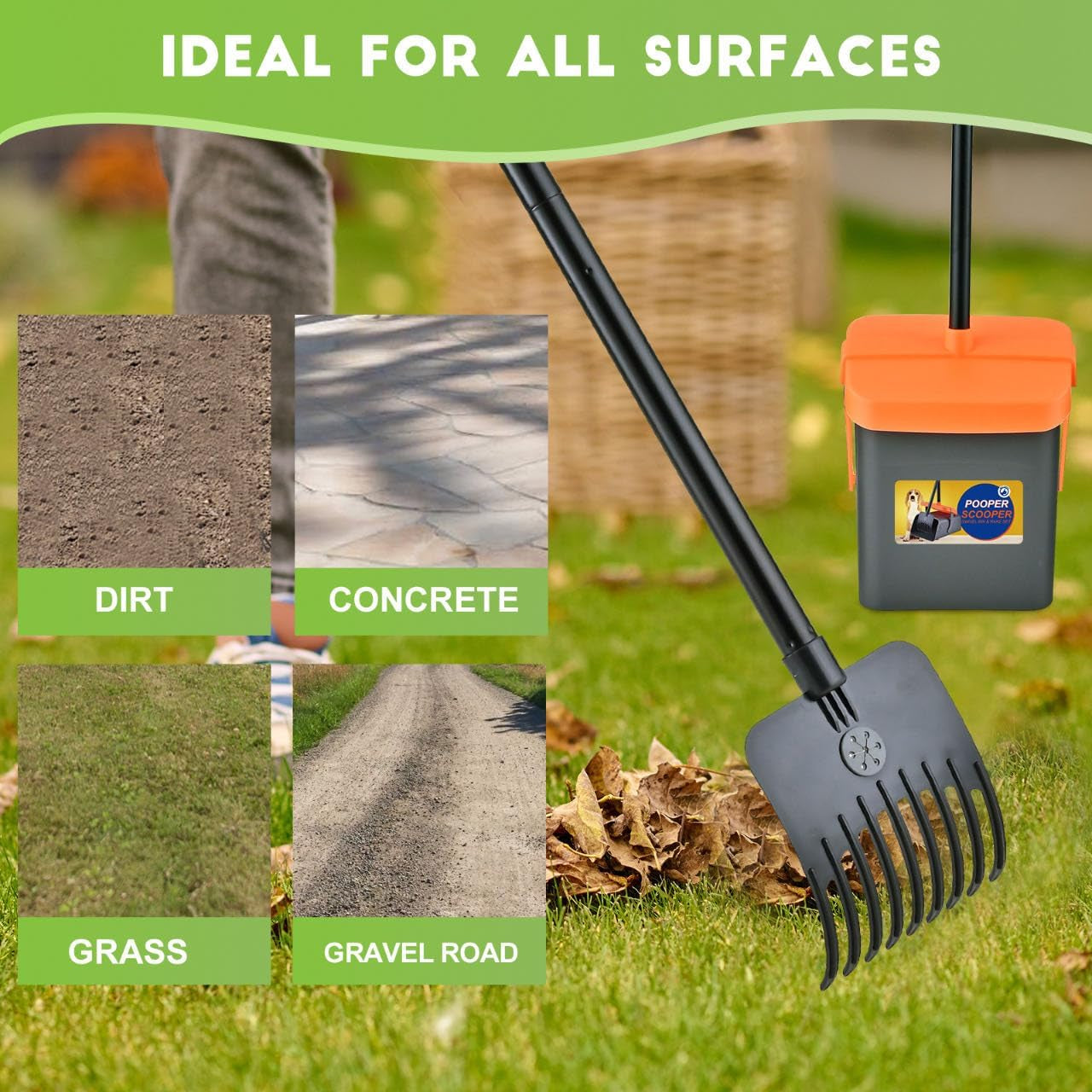 Dog Pooper Scooper for Large Dogs, 46" Long Handle Adjustable Pooper Scooper for Large Dogs，Dog Pooper Scooper with 75 Waste Bags，Large Capacity Swivel Bin & Rake