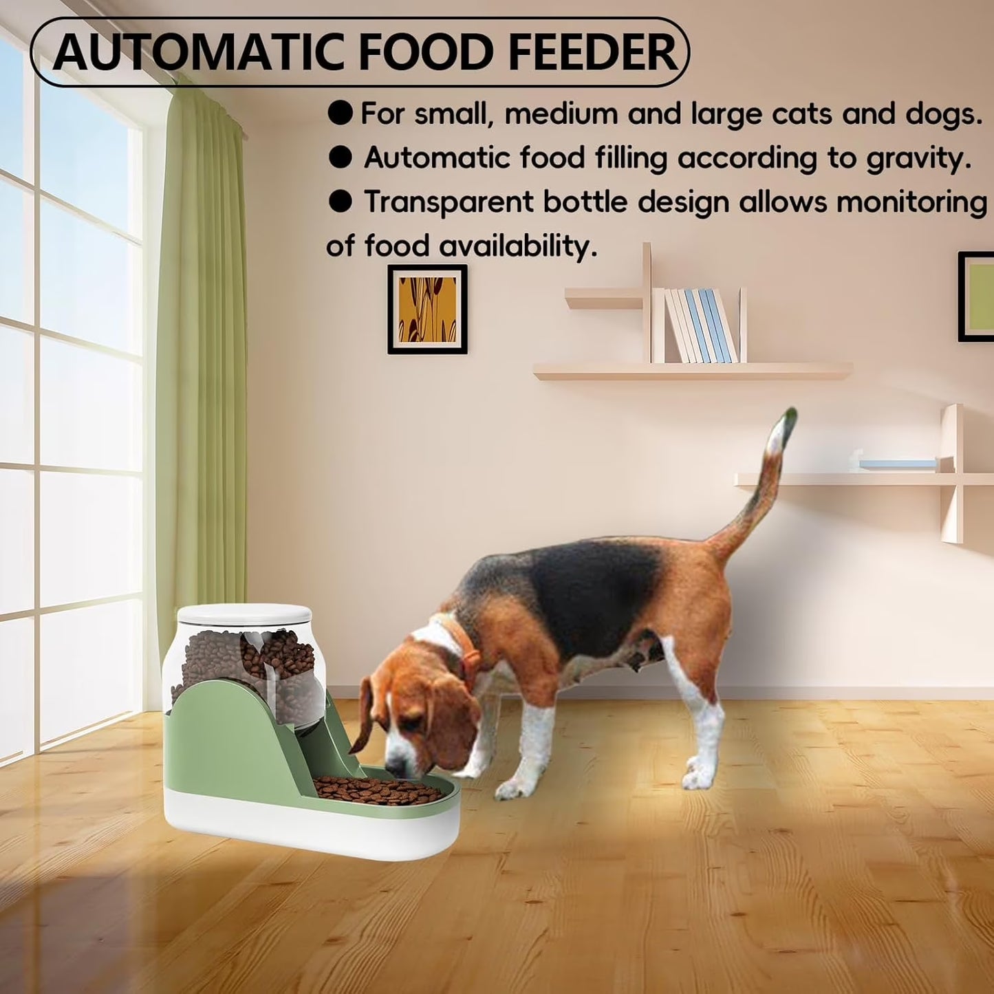Automatic Dog Food Feeder Gravity Cat Food Dispenser Large Capacity Pet Self Feeding Station Bowl Dish for Small and Medium Dogs Cats，1 Gallon，Green