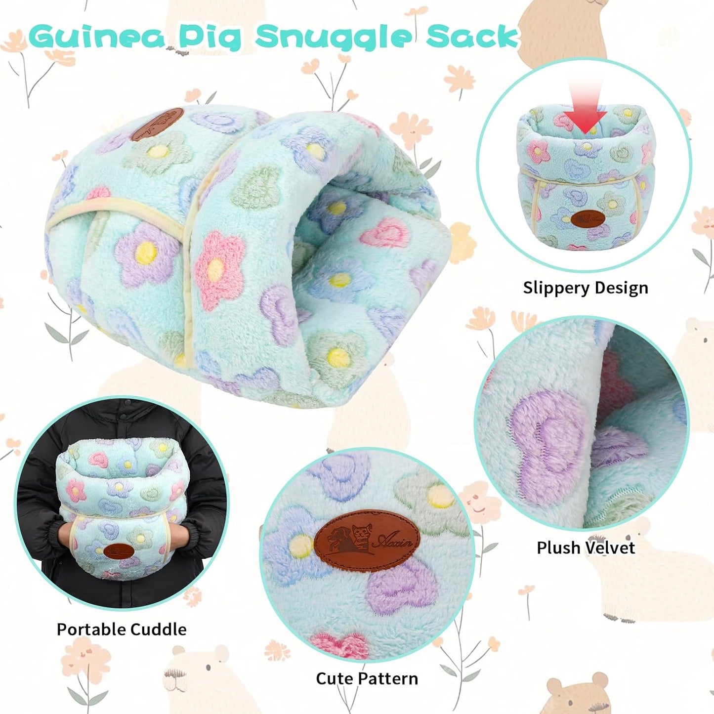 Guinea Pig Bed, Warm Fleece Cuddle Cave, Green Flower | Cozy Guinea Pig House, Portable Guinea Pig Hideout, Soft Coral Fleece, Washable Cushion, Slipper Shape