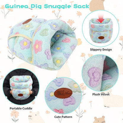 Guinea Pig Bed, Warm Fleece Cuddle Cave, Green Flower | Cozy Guinea Pig House, Portable Guinea Pig Hideout, Soft Coral Fleece, Washable Cushion, Slipper Shape