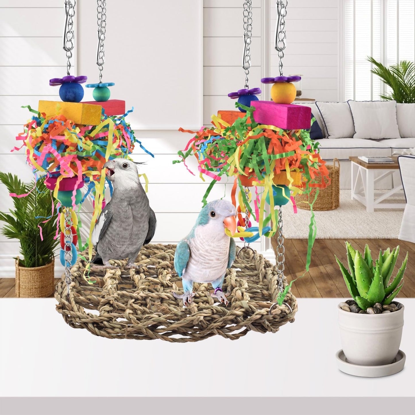Bird Toys, Grass Swing Hammock Climbing Toy for Parrot Parakeet | Natural Grass with Colorful Chew Toys, Climbing and Resting Toys for Small and Medium Pet Birds