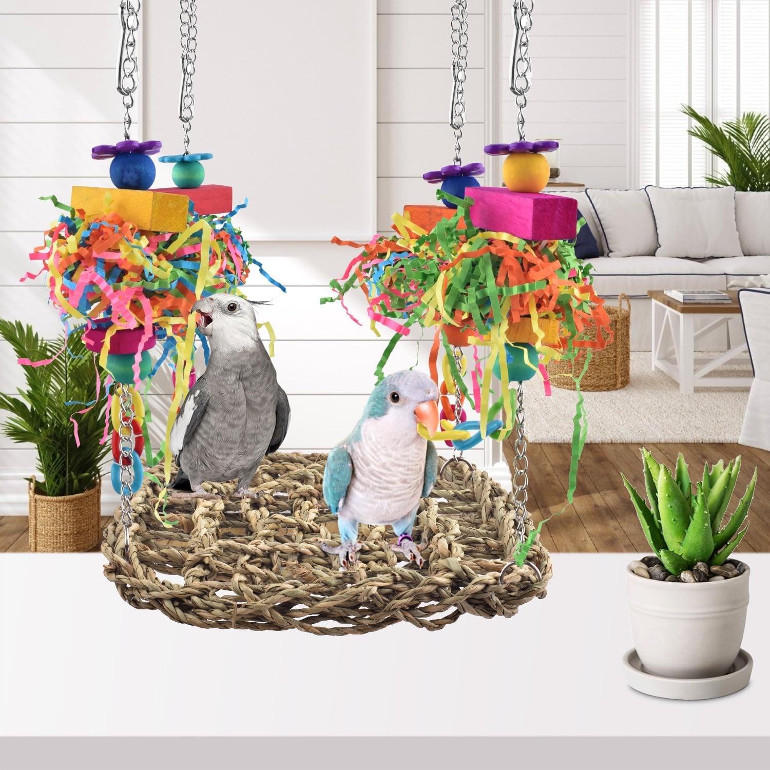 Bird Toys, Grass Swing Hammock Climbing Toy for Parrot Parakeet | Natural Grass with Colorful Chew Toys, Climbing and Resting Toys for Small and Medium Pet Birds