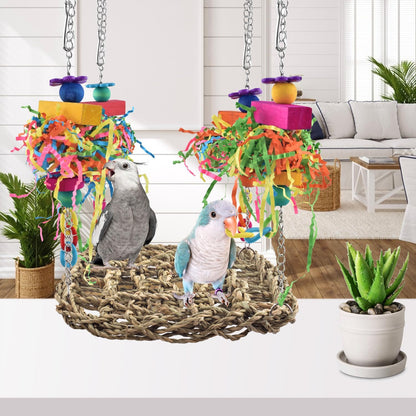 Bird Toys, Grass Swing Hammock Climbing Toy for Parrot Parakeet | Natural Grass with Colorful Chew Toys, Climbing and Resting Toys for Small and Medium Pet Birds