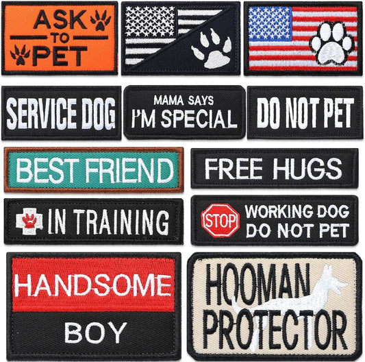12 Pieces Dog Patches for Service Dog Vest Removable Tactical Harness Service Puppy Embroidered in Training Animal Working Puppy Patch for Vest Harnesses Collars Leashes