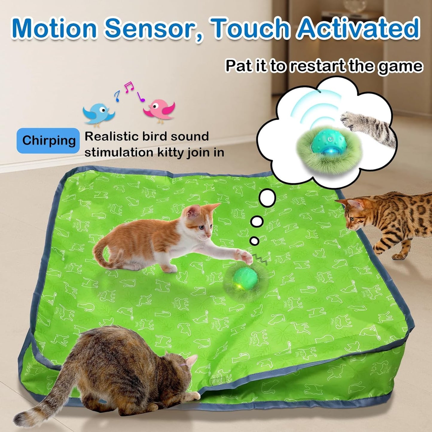 Interactive Cat Toys for Indoor Cats,Automatic Moving Cat Ball in Pouch,Chirping Stimulation,Hide-N-Seek Chase Exercise Game,Motion Activate,Rechargeable Kitten Toys
