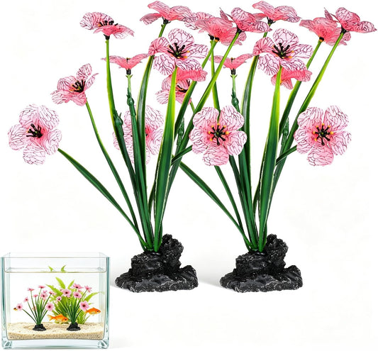 2 Pcs Pink Aquarium Plants, 8.3 Inch Tall Decor for Betta Fish Tank | Premium Soft Plastic, Heavy Weighted Base, Colorfast in Fresh Water, 1 Min Quick Setup, Fits Indoor Goldfish Glass Bowls Well