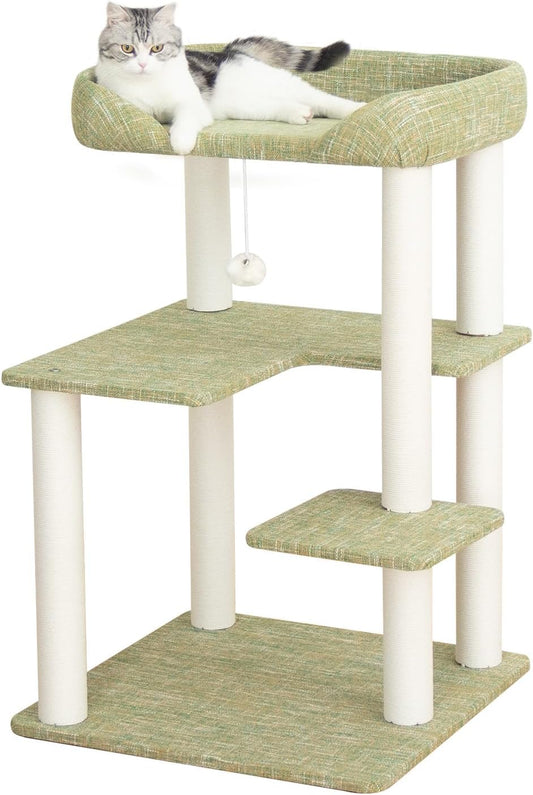 Cat Tree for Large Cat, Modern Senior Friendly Cat Tower with Wide Shelves Low Step, Cotton Scratching Posts, Super Sturdy Base, Cozy Perches, Interactive Toys (Linen Fabric Green 37.4-Inch)