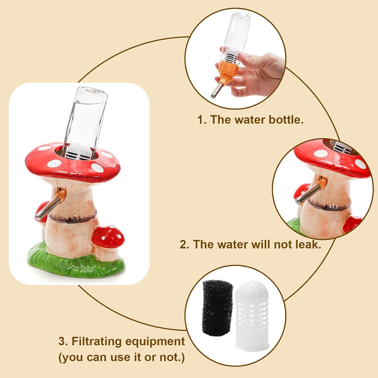 3 Pack Ceramic Hamster Hideout, Mushroom Shape Guinea Pig Food Bowl Cute Water Bottle with Stand, Cool Hamster Bed House Small Animal Cage Accessories for Dwarf Hamsters, Mice, Gerbils