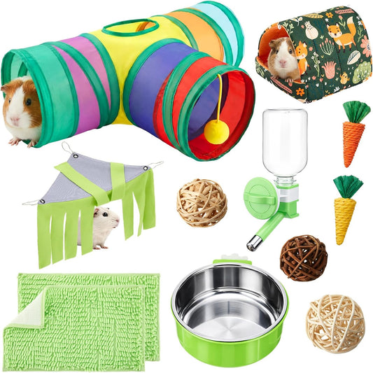 Guinea Pig Starter Kit, 12-Piece Cage Set,Stylish Style,Green | Includes Hideout, Tunnel, Food Bowl, Water Bottle and Chew Toys for Guinea Pigs, Hamsters, Rabbits and Chinchillas