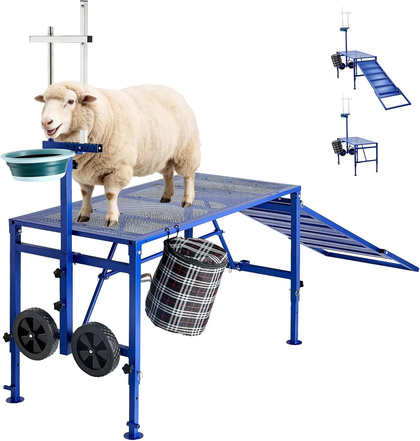 Goat Milking Stand, 600 Lbs Heavy Duty Foldable Goat Stand with Ramp, Feed Bin & Wheels, Adjustable Headpiece & Basket, Stanchion for Grooming & Hoof Trimming, Metal Livestock Platform for Sheep