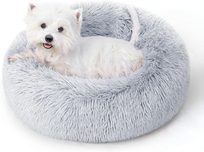 Calming round Dog Bed & Cat Bed for Indoor Cats, Medium Size Washable Anti-Slip Anti-Anxiety Donut Dog Beds for Small Dogs & Cats, Fluffy Plush Soft Dog Bed(20 Inch, Light Grey)