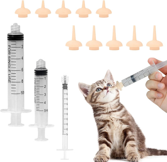 Pet Feeding Set-10 Pcs Silicone Feeding Nursing Nipple and 1ML/5ML/10ML Feeding Syringe, Pet Nursing Feeding Tools for Kittens Puppies Newborn Animals (1Ml+5Ml+10Ml+10 Nipple)
