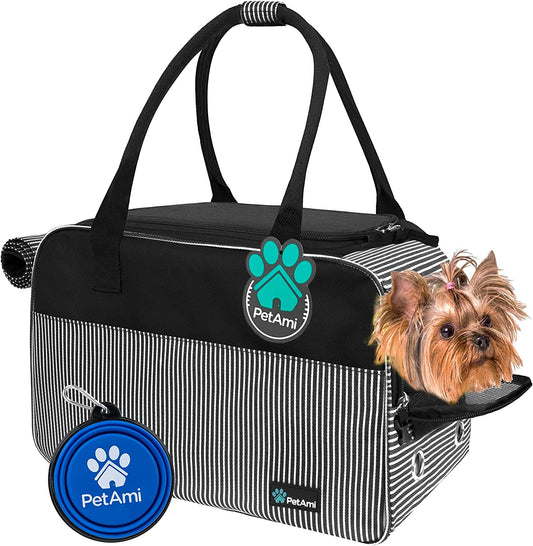 Dog Purse Carrier for Small Dogs Cats, TSA Airline Approved Soft-Sided Pet Carrier with Pockets, Ventilated Travel Tote Bag with Bed & Shoulder Strap, Puppy Kitten, Max 12 Lbs, Stripe Black
