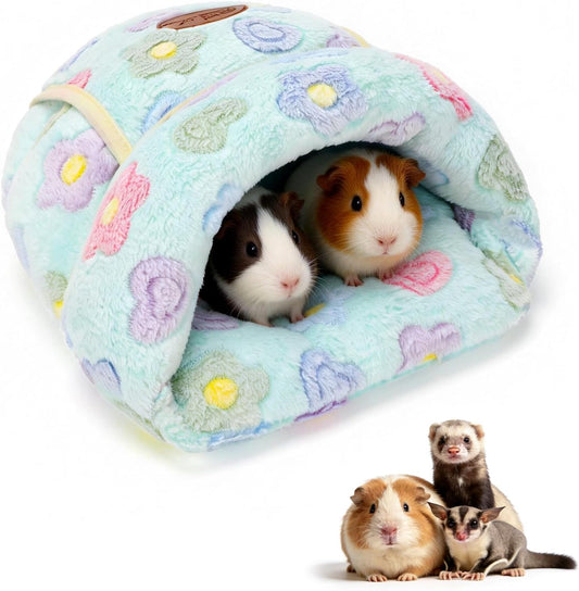 Guinea Pig Bed, Warm Fleece Cuddle Cave, Green Flower | Cozy Guinea Pig House, Portable Guinea Pig Hideout, Soft Coral Fleece, Washable Cushion, Slipper Shape
