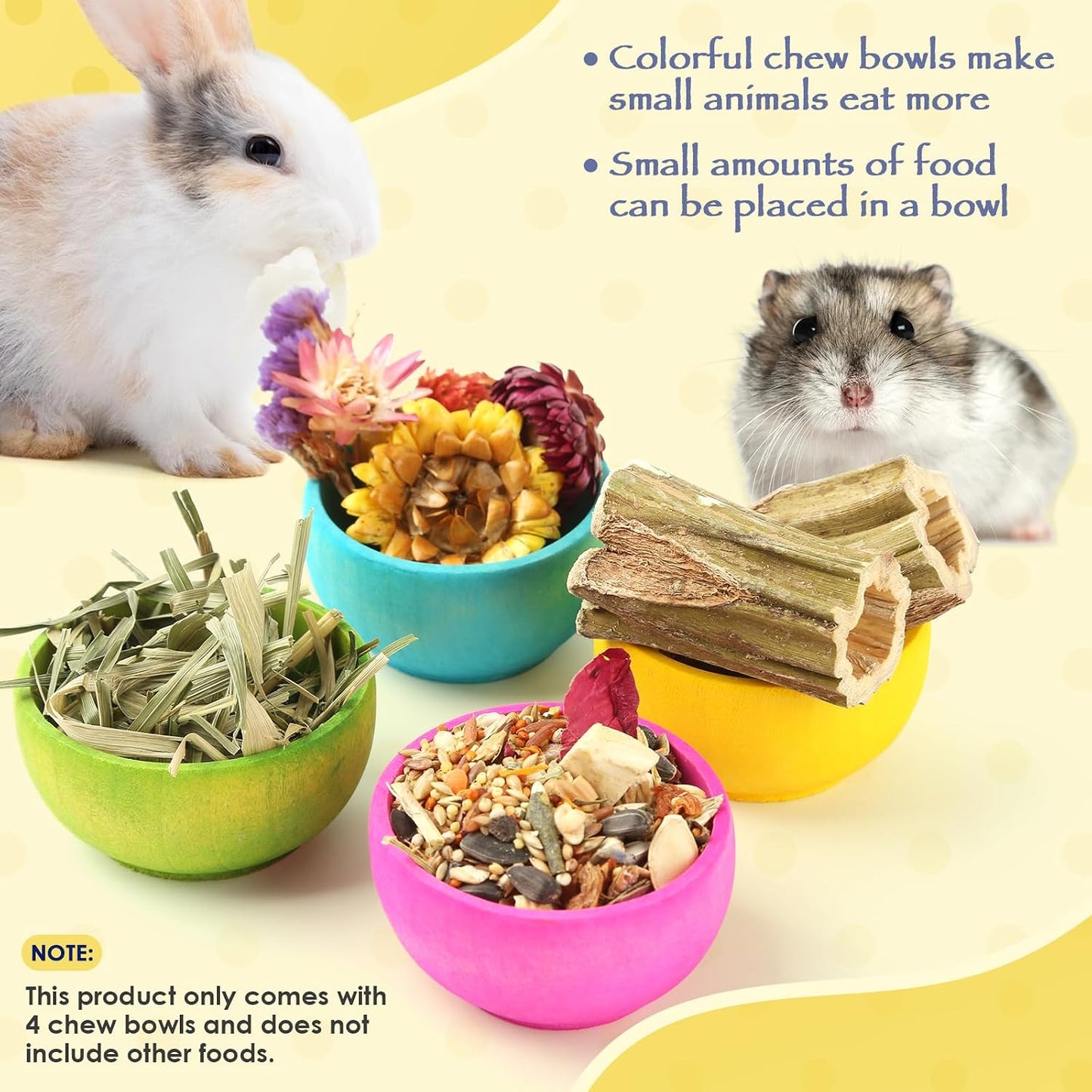 Hamster Chew Bowl,4 Pcs Dwarf Hamster Food Bowl Wood Edible Chew Toys for Rabbit Guinea Pig Chinchilla Degu Gerbil Squirrel Bunny Enrichment Toys Small Size Treats for Teeth