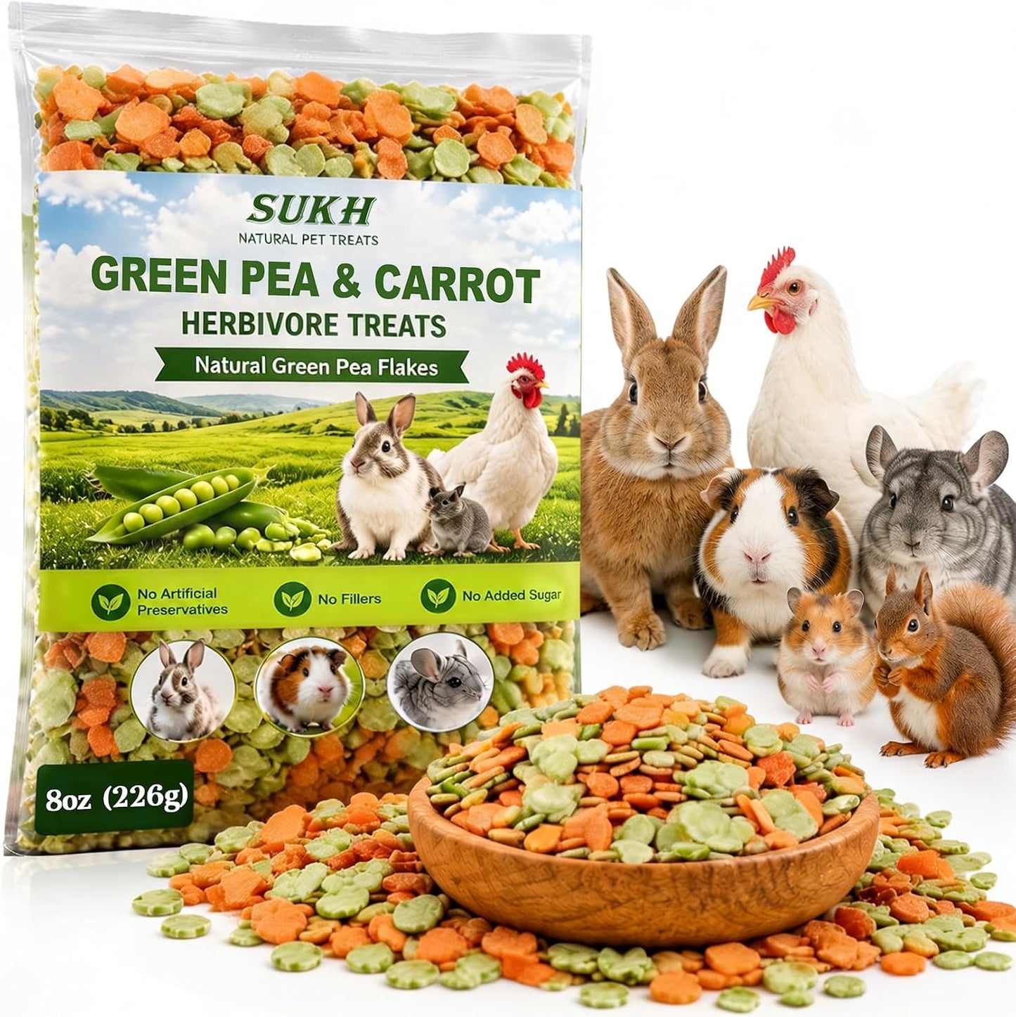 8 Oz Carrots & Pea Flakes - Small Animal Treats for Guinea Pigs | Dried Peas and Carrots Blend Bunny Rabbit Treats, Crunchy Vegetable Treat for Chinchilla Hamster Gerbil & Small Pets