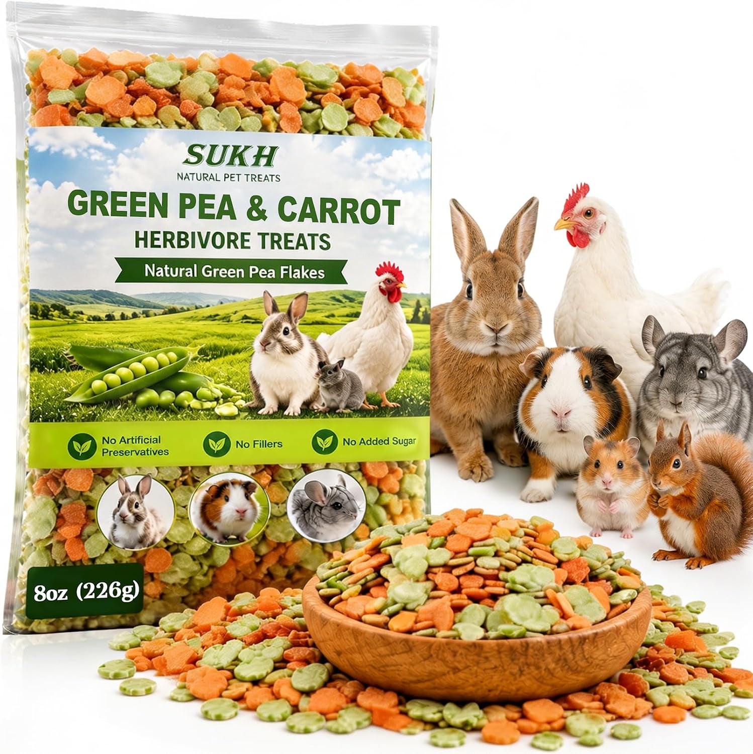 8 Oz Carrots & Pea Flakes - Small Animal Treats for Guinea Pigs | Dried Peas and Carrots Blend Bunny Rabbit Treats, Crunchy Vegetable Treat for Chinchilla Hamster Gerbil & Small Pets