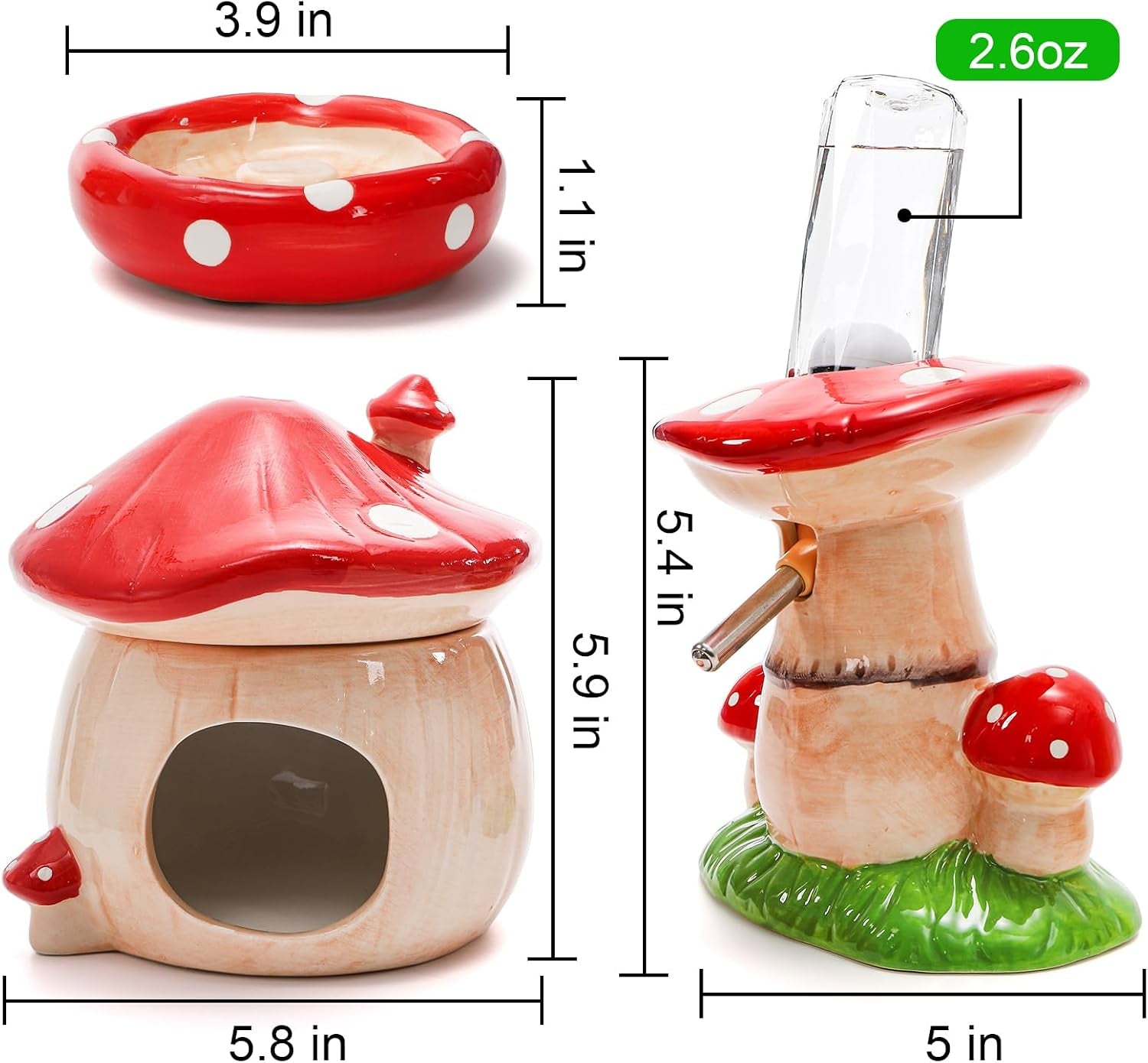 3 Pack Ceramic Hamster Hideout, Mushroom Shape Guinea Pig Food Bowl Cute Water Bottle with Stand, Cool Hamster Bed House Small Animal Cage Accessories for Dwarf Hamsters, Mice, Gerbils