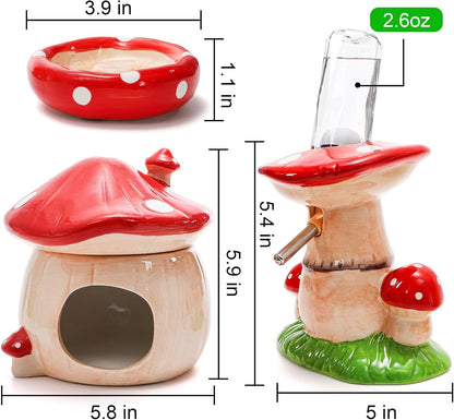 3 Pack Ceramic Hamster Hideout, Mushroom Shape Guinea Pig Food Bowl Cute Water Bottle with Stand, Cool Hamster Bed House Small Animal Cage Accessories for Dwarf Hamsters, Mice, Gerbils