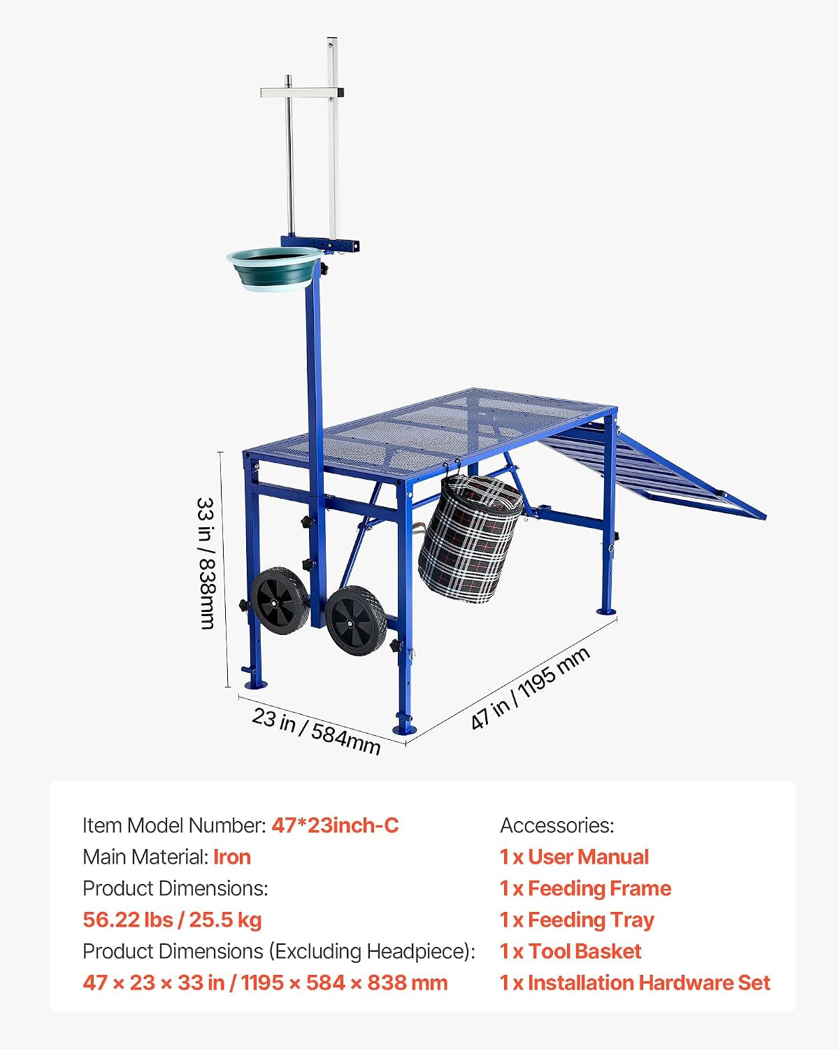 Goat Milking Stand, 600 Lbs Heavy Duty Foldable Goat Stand with Ramp, Feed Bin & Wheels, Adjustable Headpiece & Basket, Stanchion for Grooming & Hoof Trimming, Metal Livestock Platform for Sheep