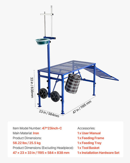 Goat Milking Stand, 600 Lbs Heavy Duty Foldable Goat Stand with Ramp, Feed Bin & Wheels, Adjustable Headpiece & Basket, Stanchion for Grooming & Hoof Trimming, Metal Livestock Platform for Sheep