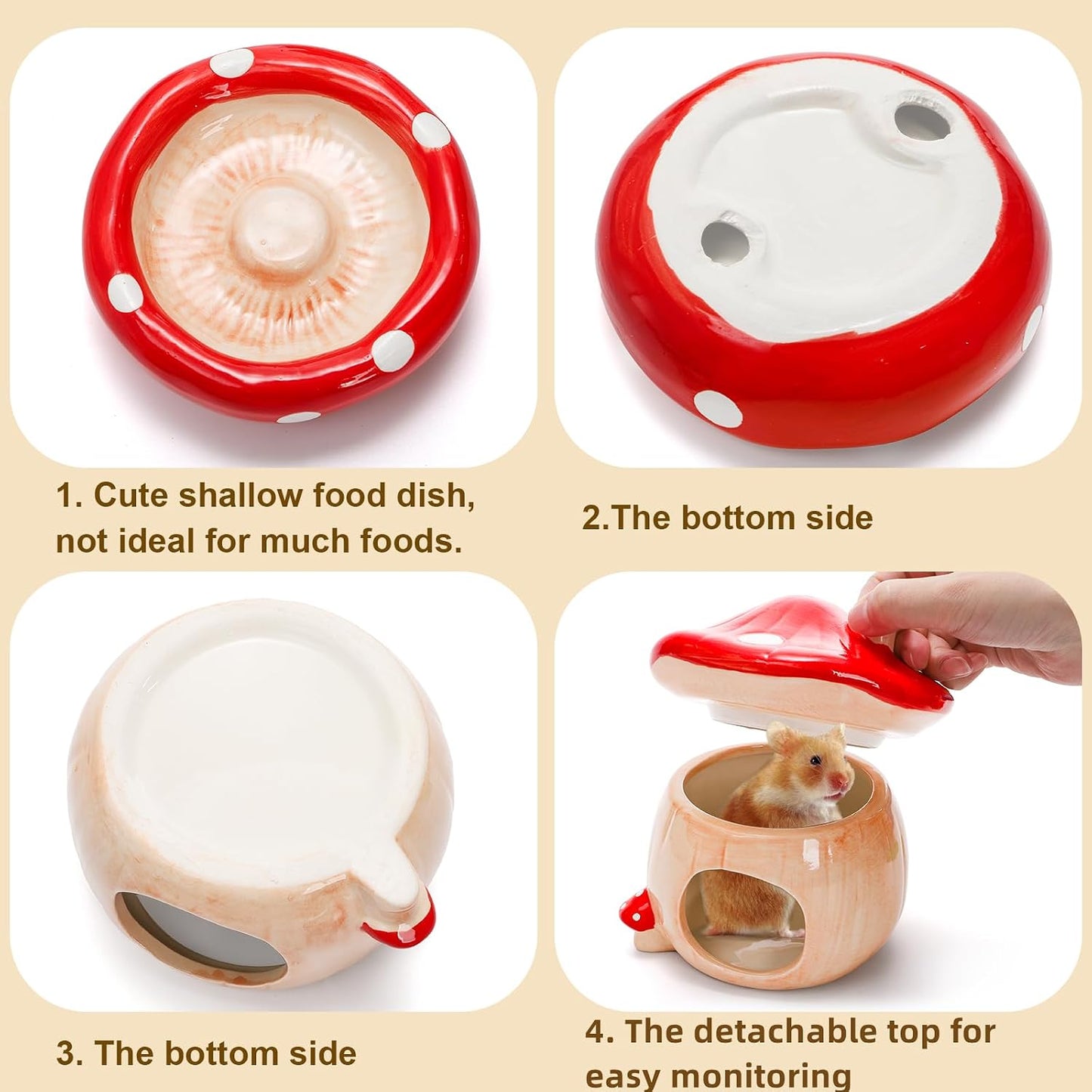 3 Pack Ceramic Hamster Hideout, Mushroom Shape Guinea Pig Food Bowl Cute Water Bottle with Stand, Cool Hamster Bed House Small Animal Cage Accessories for Dwarf Hamsters, Mice, Gerbils