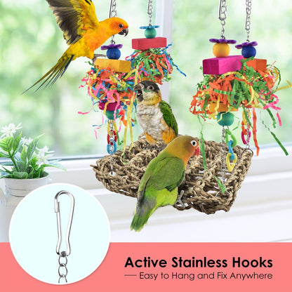 Bird Toys, Grass Swing Hammock Climbing Toy for Parrot Parakeet | Natural Grass with Colorful Chew Toys, Climbing and Resting Toys for Small and Medium Pet Birds