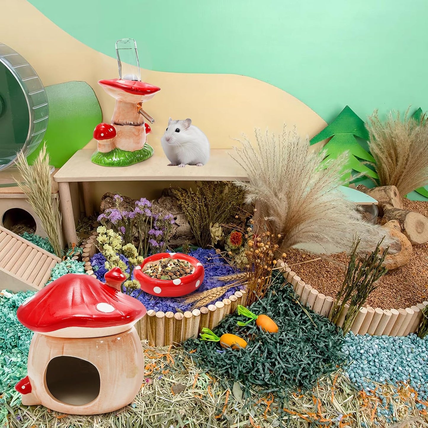 3 Pack Ceramic Hamster Hideout, Mushroom Shape Guinea Pig Food Bowl Cute Water Bottle with Stand, Cool Hamster Bed House Small Animal Cage Accessories for Dwarf Hamsters, Mice, Gerbils
