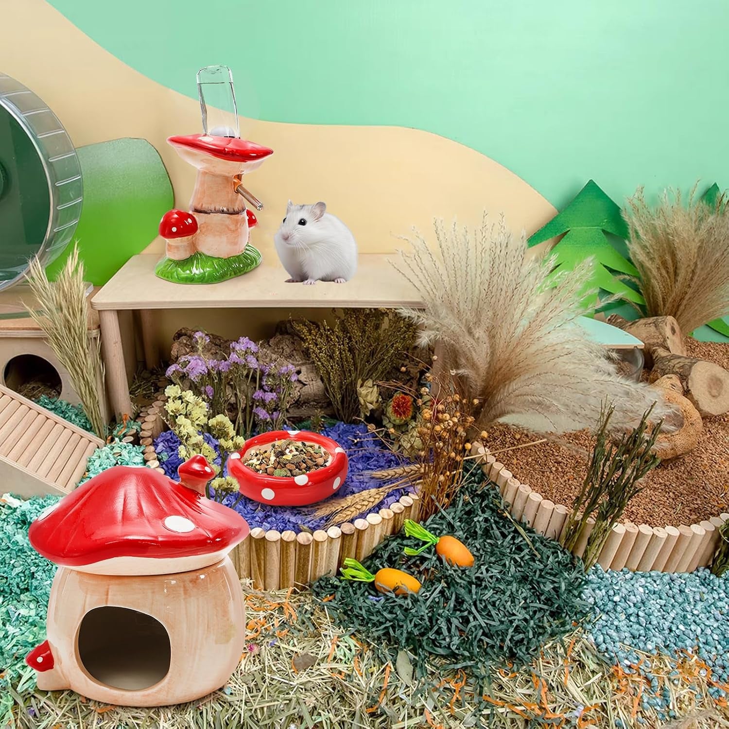 3 Pack Ceramic Hamster Hideout, Mushroom Shape Guinea Pig Food Bowl Cute Water Bottle with Stand, Cool Hamster Bed House Small Animal Cage Accessories for Dwarf Hamsters, Mice, Gerbils