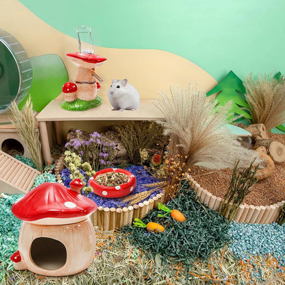 3 Pack Ceramic Hamster Hideout, Mushroom Shape Guinea Pig Food Bowl Cute Water Bottle with Stand, Cool Hamster Bed House Small Animal Cage Accessories for Dwarf Hamsters, Mice, Gerbils