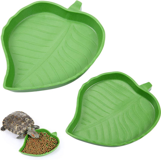 2 Pieces Leaf Reptile Food Water Bowl Plate Feeding Dish for Tortoise | Corn Snake Dish, Leaf Shape Plate, Resin Reptile Feeder, 2 Sizes Fit Pet