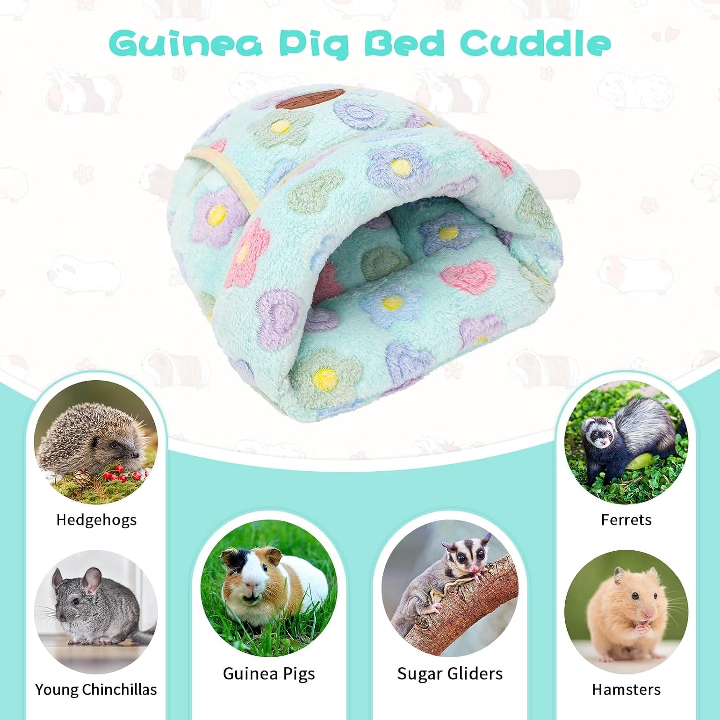 Guinea Pig Bed, Warm Fleece Cuddle Cave, Green Flower | Cozy Guinea Pig House, Portable Guinea Pig Hideout, Soft Coral Fleece, Washable Cushion, Slipper Shape