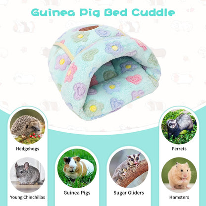 Guinea Pig Bed, Warm Fleece Cuddle Cave, Green Flower | Cozy Guinea Pig House, Portable Guinea Pig Hideout, Soft Coral Fleece, Washable Cushion, Slipper Shape