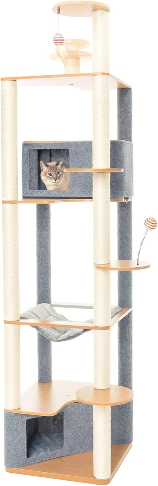 Ascentials - Grand Suite Cat Scratcher Playground - Tall Cat Tower Playground Structure, Sisal Scratching Areas, Grey Felt, Bamboo Veneer W/Linen & Velvet Surface Areas