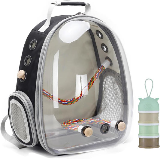 Bird Traval Carrier Cage, Clear Space Capsule Astronaut Backpack to Carry Parakeet Cockatiel Parrot with Metal Tray Bird Feeder Wood Perch, Vet Transport Bag