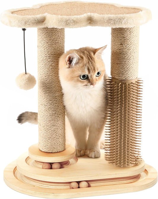 Made4Pets Kitten Toy Scratching Post with Self Groomer for Indoor Cats | Interactive Cat Scratching Post with Self Groomer, Cloud Perch, Natural Sisal Rope and Rolling Ball Track, Modern Home Décor