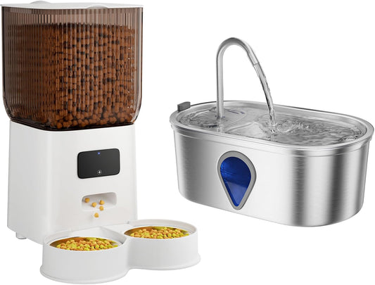 Cat Feeder Automatic，Cat Water Fountain Stainless Steel with Water Level Window Water Fountains，2.4G Wifi Automatic Dog Feeder with Remote Feeding