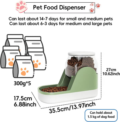 Automatic Dog Food Feeder Gravity Cat Food Dispenser Large Capacity Pet Self Feeding Station Bowl Dish for Small and Medium Dogs Cats，1 Gallon，Green